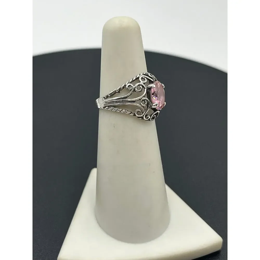 Sterling Silver Vintage Filigree Simulated Pink Sapphire‎ Solitaire Ring 5.25